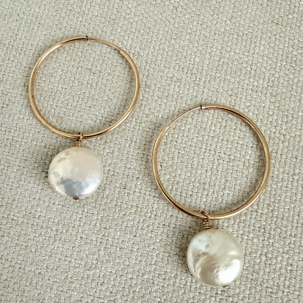 Gold Filled Hoop Earrings With Coin Pearl Drops
